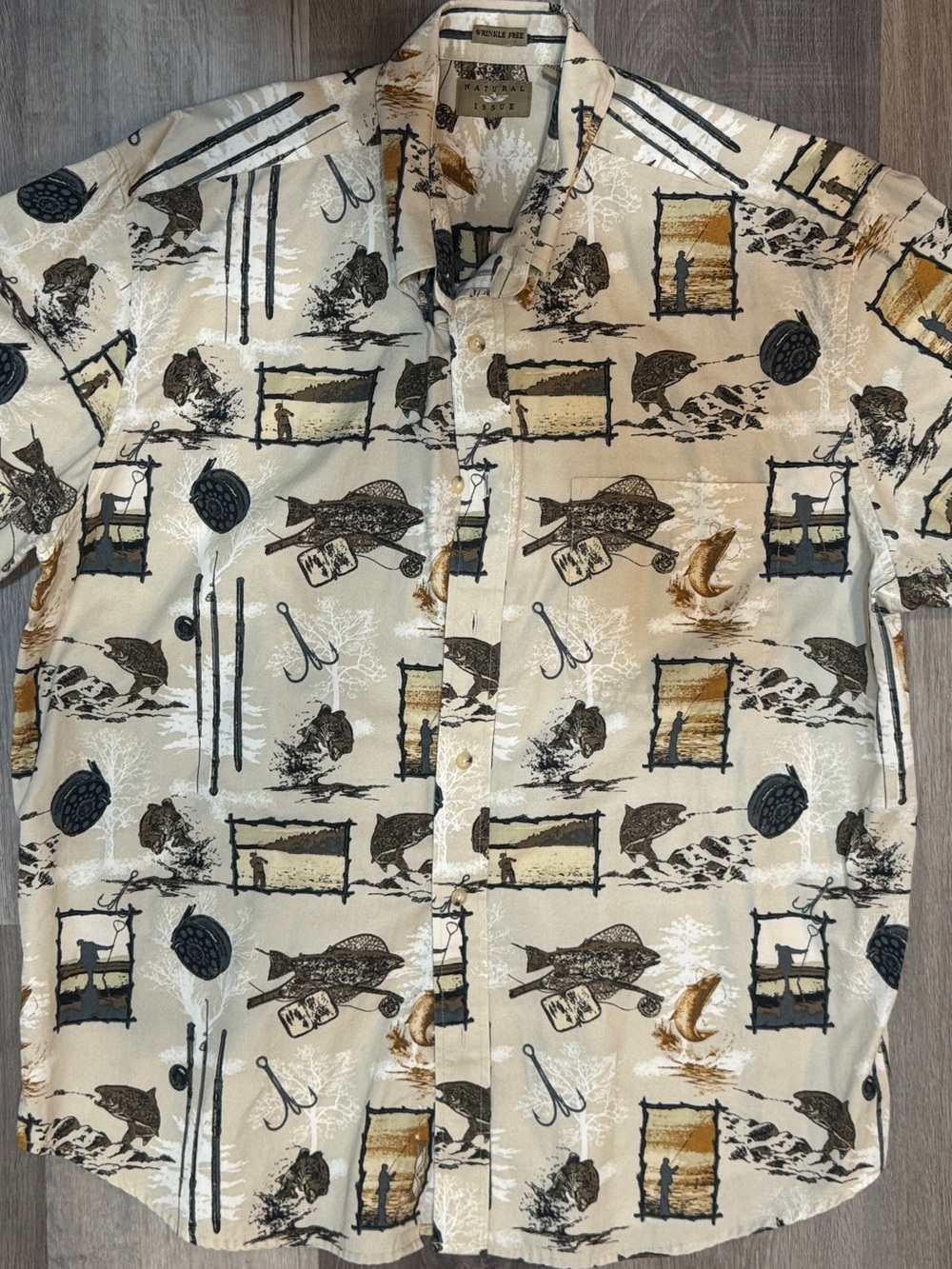 Vintage 90’s Men's Fishing Print Button Up Shirt by Natural Issue Wrinkle Free